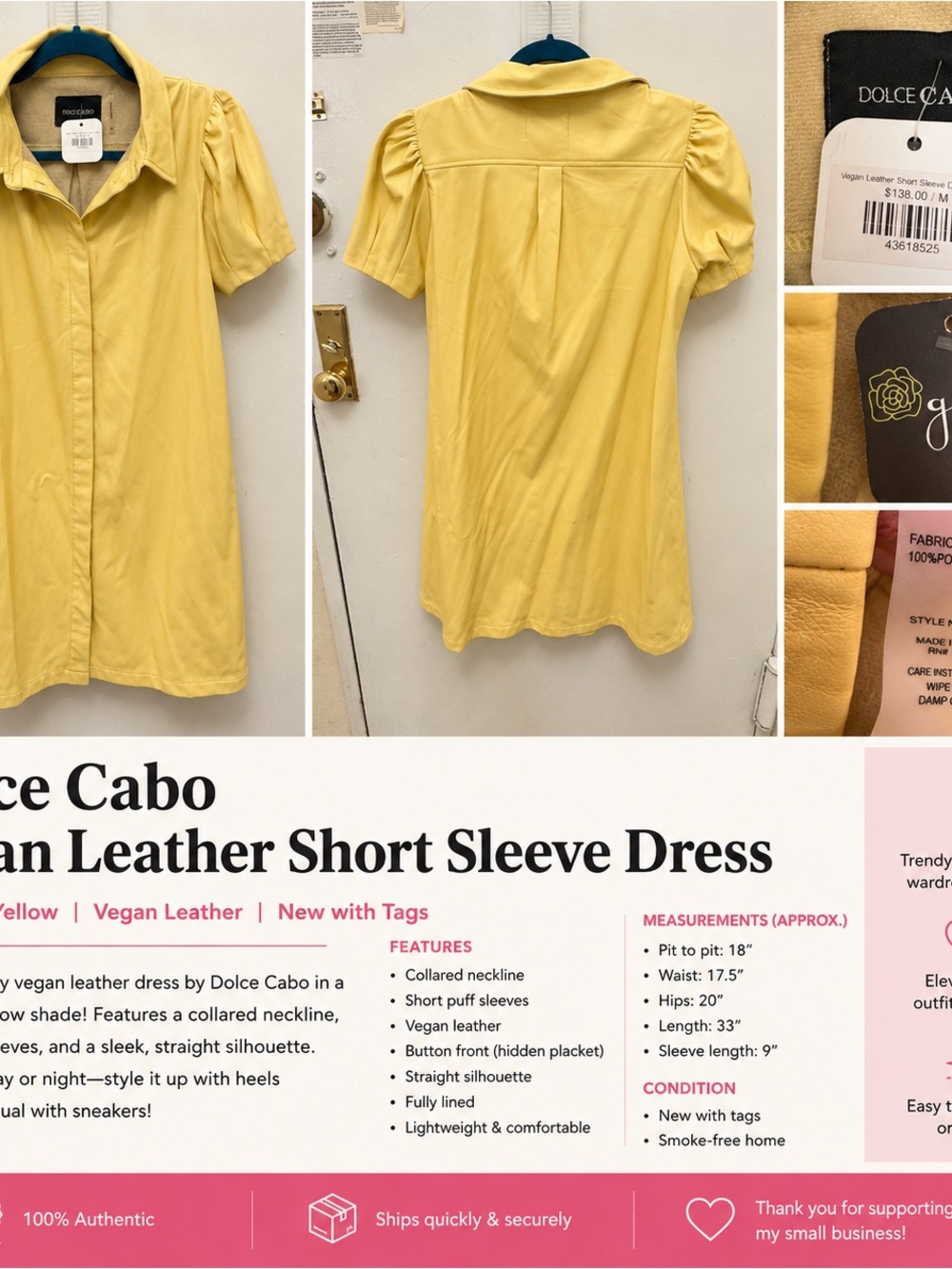 Dolce Cabo Yellow Vegan Leather Short Sleeve Dress